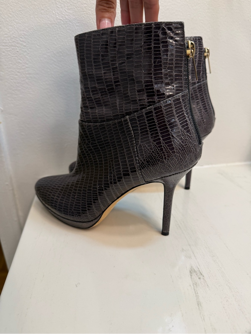 NEW JIMMY CHOO Pointed Toe Women’s Boot in Dark Grey Croc-Embossed Leather
